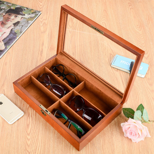 Wood Glasses organizer 6 slots with clear lid lock catch sunglass eayglass storage case classic display case