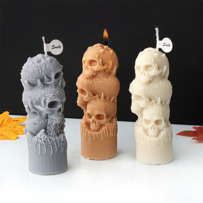 Halloween Flame Skeleton Pillar Candle Mold Handmade Aromatherapy Candle Gypsum Decoration Silicone Mold