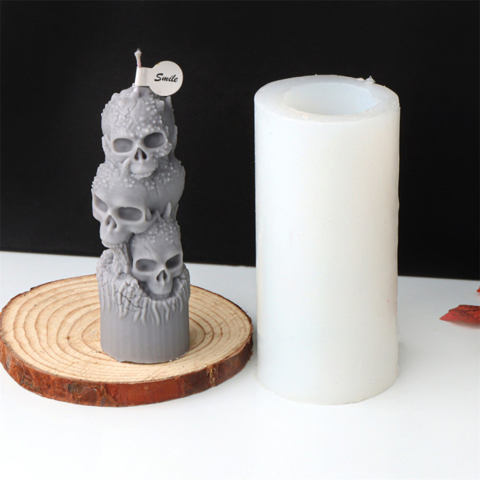 Halloween Flame Skeleton Pillar Candle Mold Handmade Aromatherapy Candle Gypsum Decoration Silicone Mold