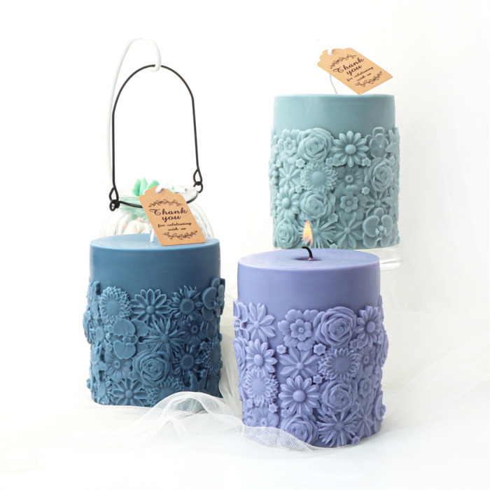 Embossed flower cylindrical candle mold, handmade candle silicone mold, gypsum decoration, cake baking mold