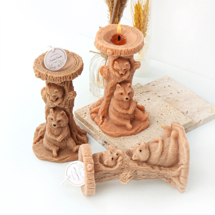 Tree stump mother child bear candle mold Handmade aromatherapy candle silicone mold Decoration gypsum mold