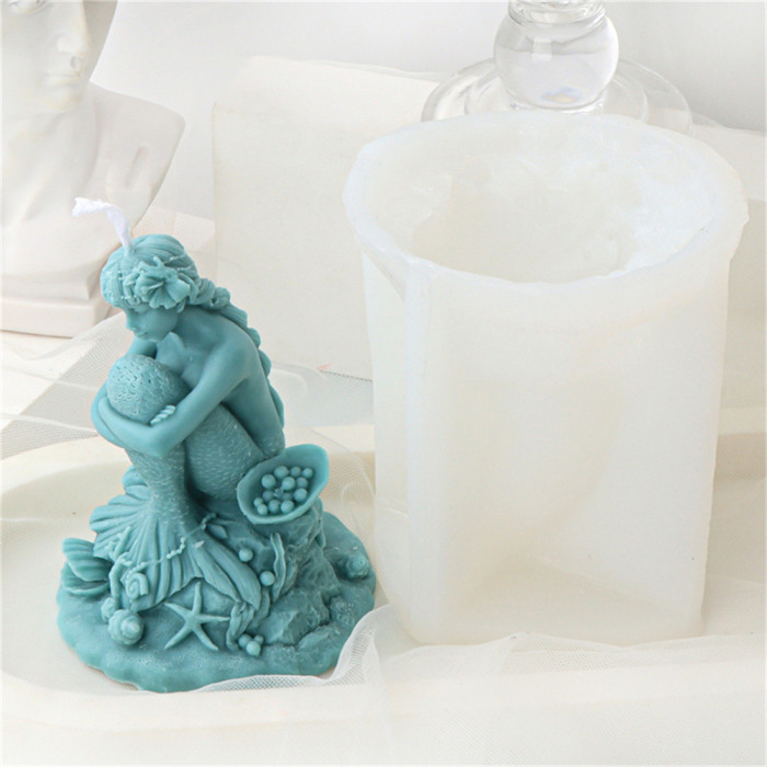 3D three-dimensional ocean shell, conch, mermaid candle mold, sitting and holding leg mermaid fragrance, gypsum resin decoration mold
