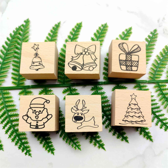 Christmas Card Making Stamp Santa Claus Christmas Tree Bells Gift Wood Rubber Stamp For Decorating Card Scrapbook Journal Diary 6 Styles