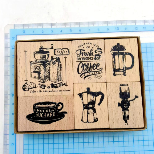 Coffee Theme Rubber Stamp Set of 6 pcs Retro Wooden Rubber Stamps For Craft Card Making Scrapbooking Decorative Journal Packaging Diary Tool