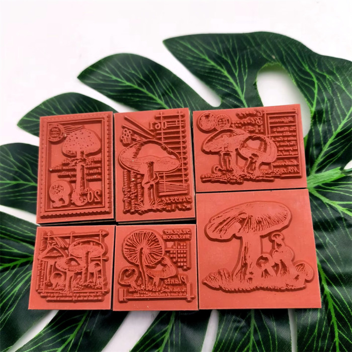 Retro Mushroom Stamp Set of 6 pcs Wooden Rubber Stamps For Crafting Card Making Scrapbooking Decorative Journal Diary Tool