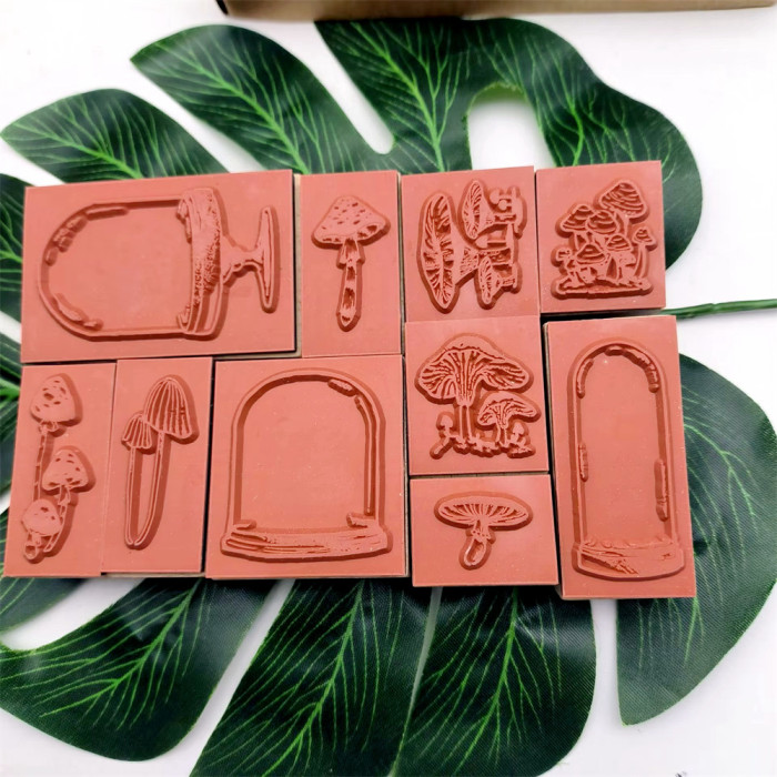 Retro Mushroom Stamp Set of 10 pcs Wooden Rubber Stamps For Crafting Card Making Scrapbooking Decorative Journal Diary Tool