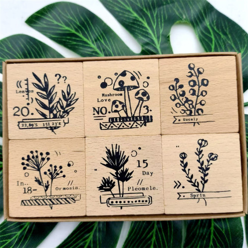 Vintage Floral Stamp Set of 6 pcs Wooden Rubber Stamps For Craft Card Making Decorative Journal Scrapbook Diary Tool