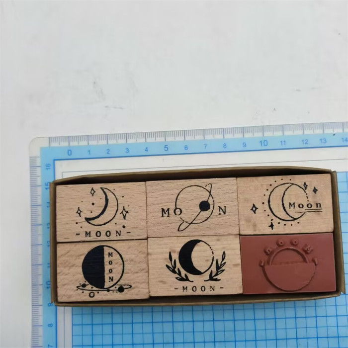 Moon Stamp Set of 6 pcs Moon Phase Wooden Rubber Stamp For Card Making Scrapbooking Journal Diary Decorative Tool