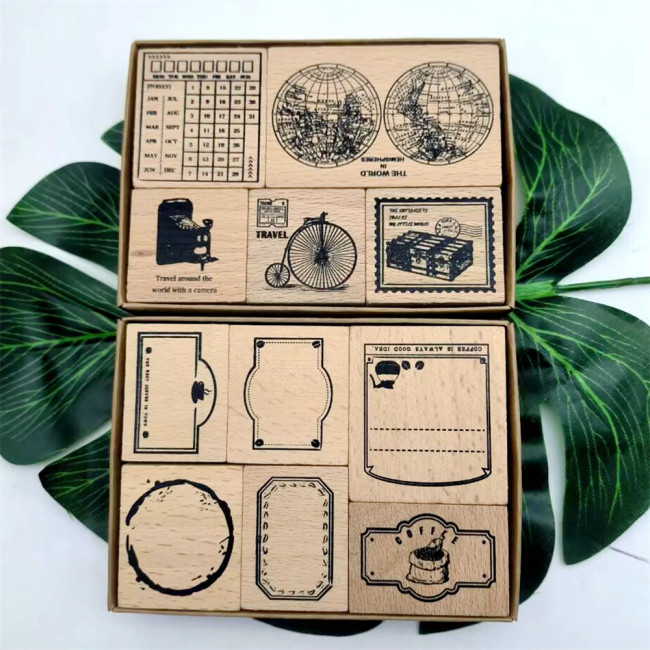 Vintage Trabel Stamp Set Frame Rubber Stamp Set Wooden Rubber Stamp For Label Tags Card Making Scrapbooking Decorative Journal Diary Planner Tool 2 Styles