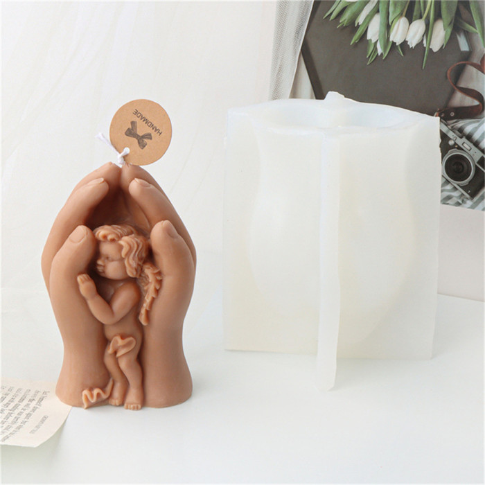 Silicone palm baby angel candle mold with both hands embracing male angel aromatherapy plaster decoration