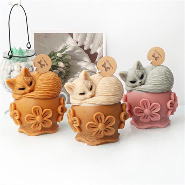 Flower Pot Cat Candle Silicone Candle Mold Creative Cute Animal Aroma Gypsum Resin Decoration