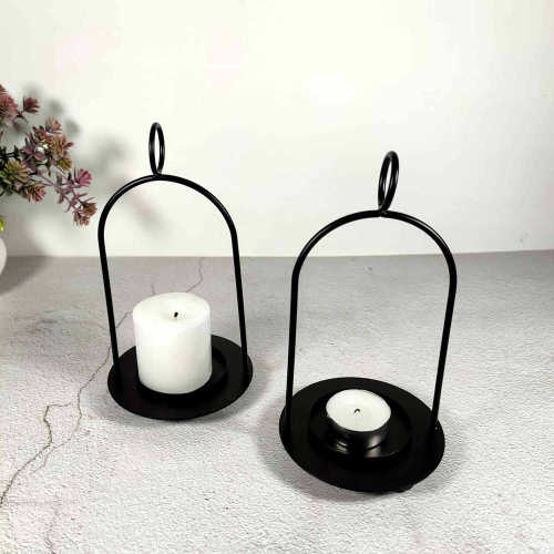 Black Metal Hanging Lantern Candle Holders Set of 2 For Tealight Pillar Candles Wall Table Firplaces Shelves Porches Yard Pathway Decoration