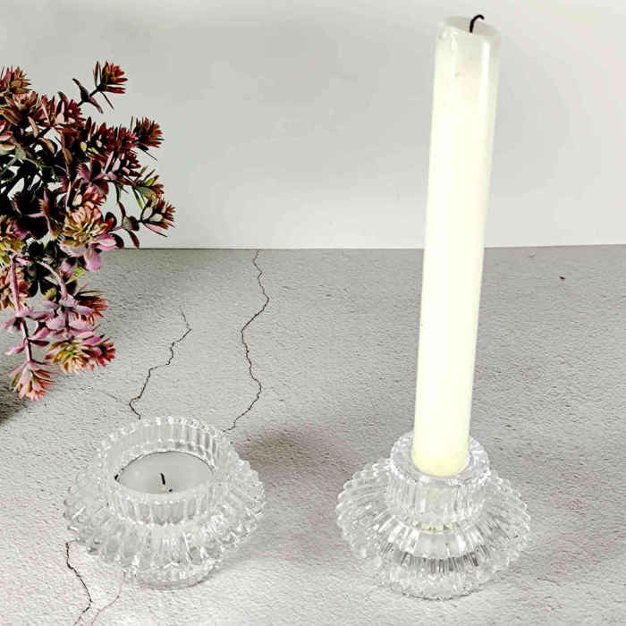 Set of 2 Crystal Glass Candlestick Holders Gear Candle Holders Candle Stand For Taper Candles Tea Wax Table Ornaments Aromatherapy Spa Meditation Create Atmosphere