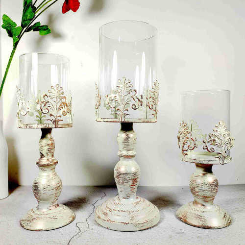 Retro White Candle Holders Hurricane Candle  Stand for Pillar Candles Tealight Wedding Centerpiece Table Decoraiton Holiday Party Candlelight Stand