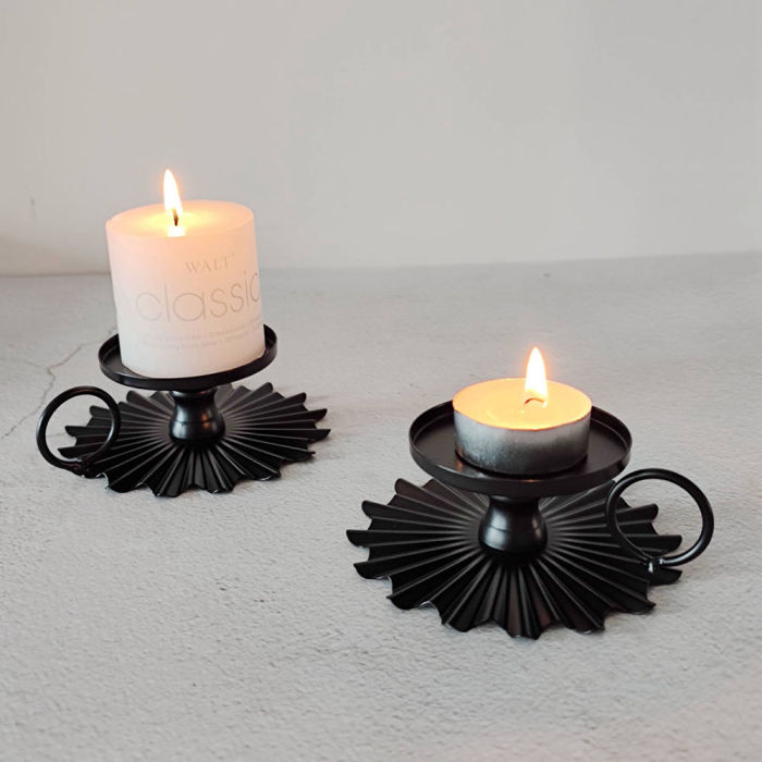 Set of 2 Exquisite Black Candle Holders Pillar Candle Holder For Candlelight Dinner Tabletop Holiday Party Travel Picnics Outdoor Party Halloween Christamas Decoration Easy to Store