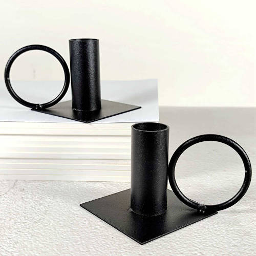 Set of 2 Black Retro Candlestick Holders With Ring Handle Taper Candle Holders Table Decoration Halloween Christmas Holiday Party Candlelight Stand