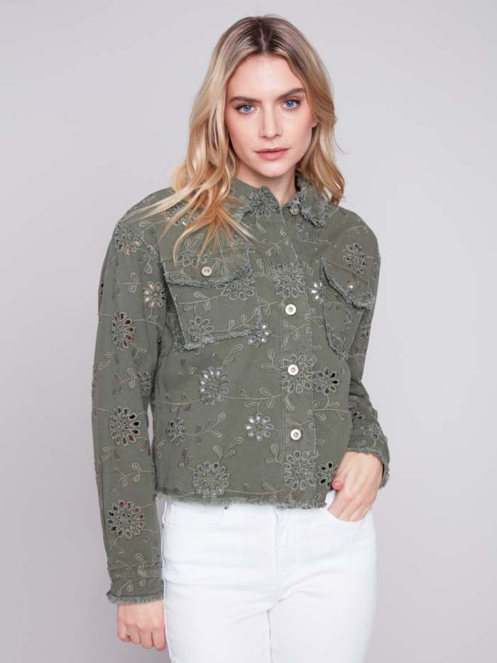 Embroidered Eyelet Denim Jacket - Celadon