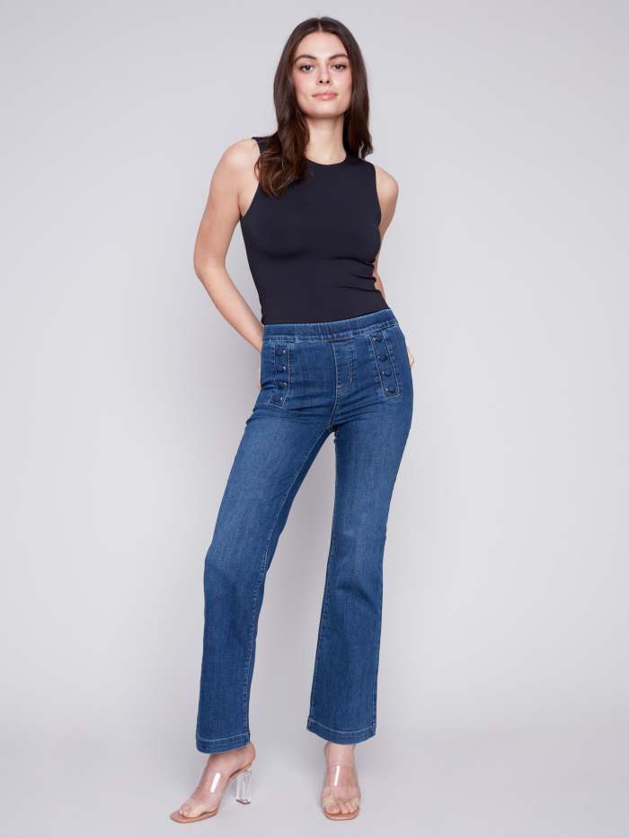 Flare Jeans with Decorative Buttons - Indigo