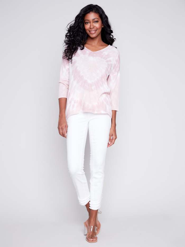 Tie Dye V-Neck Knit Top - Dusty Rose