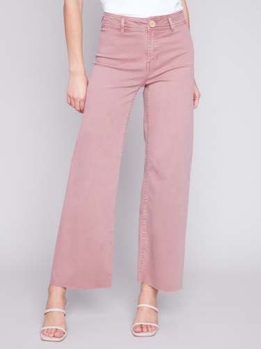 Wide Leg Twill Jeans with Raw Hem - Woodrose
