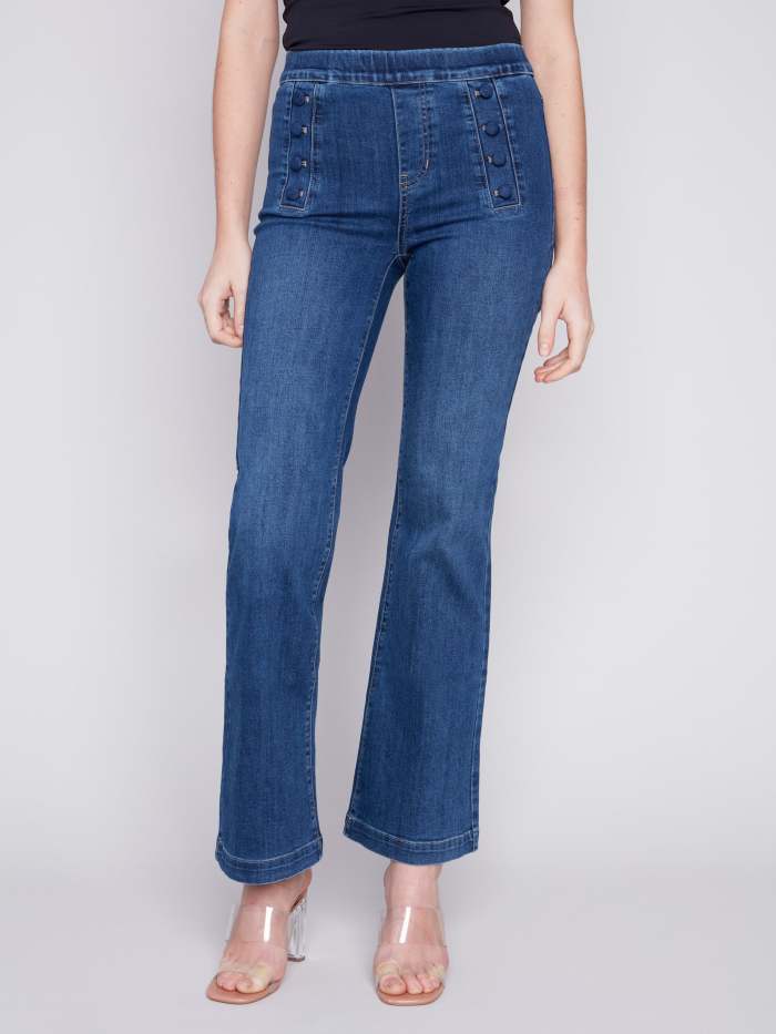 Flare Jeans with Decorative Buttons - Indigo