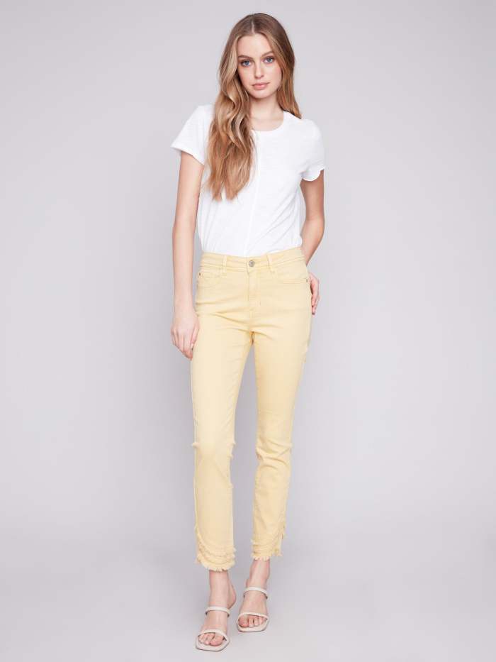 Frayed Hem Twill Pants - Lemon