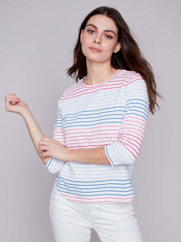 Striped ¾ Sleeve Cotton Top - Multicolor