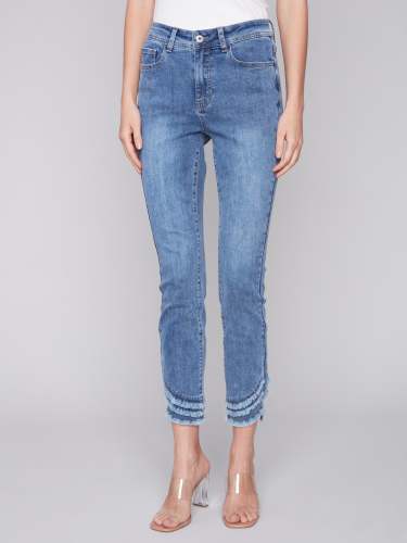 Frayed Hem Denim Pants - Medium Blue