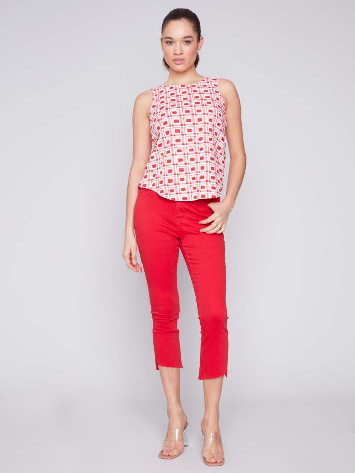 Printed Sleeveless Top with Side Buttons - Cherry
