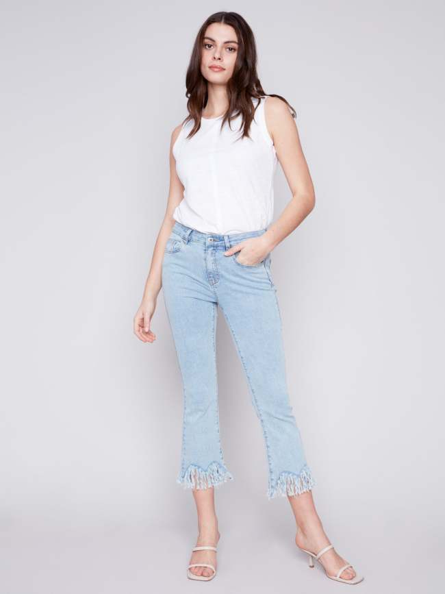 Cropped Jeans with Fringed Hem - Bleach Blue