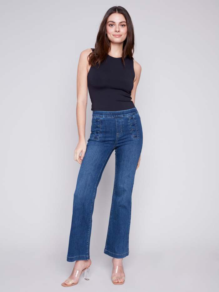 Flare Jeans with Decorative Buttons - Indigo