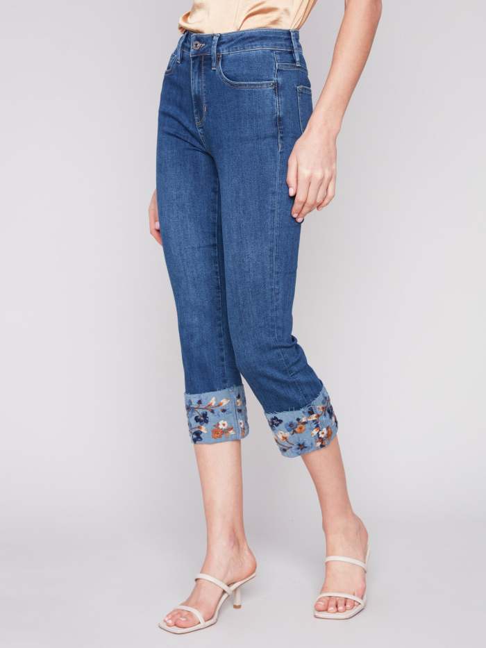 Cropped Jeans with Embroidered Cuff - Indigo