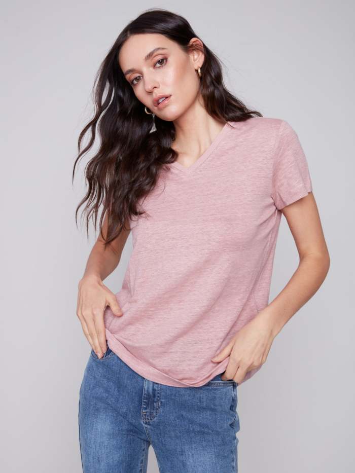 V-Neck Linen T-Shirt - Dusty Rose