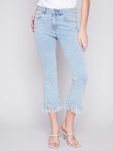 Cropped Jeans with Fringed Hem - Bleach Blue