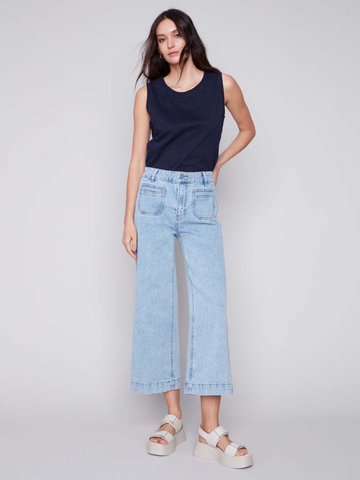 Cropped Wide Leg Jeans - Blue Jean