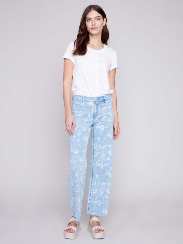 Printed Wide Leg Jeans with Raw Hem - Daisy Blue