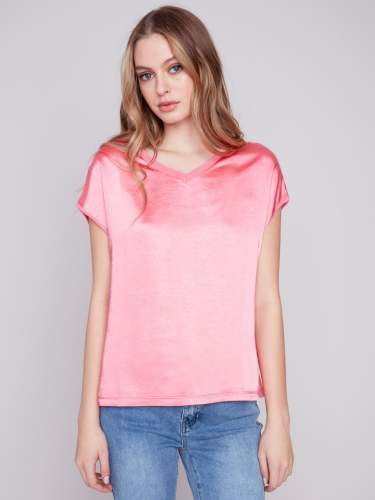 Satin V-Neck Knit Top - Flamingo
