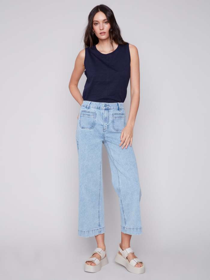 Cropped Wide Leg Jeans - Blue Jean