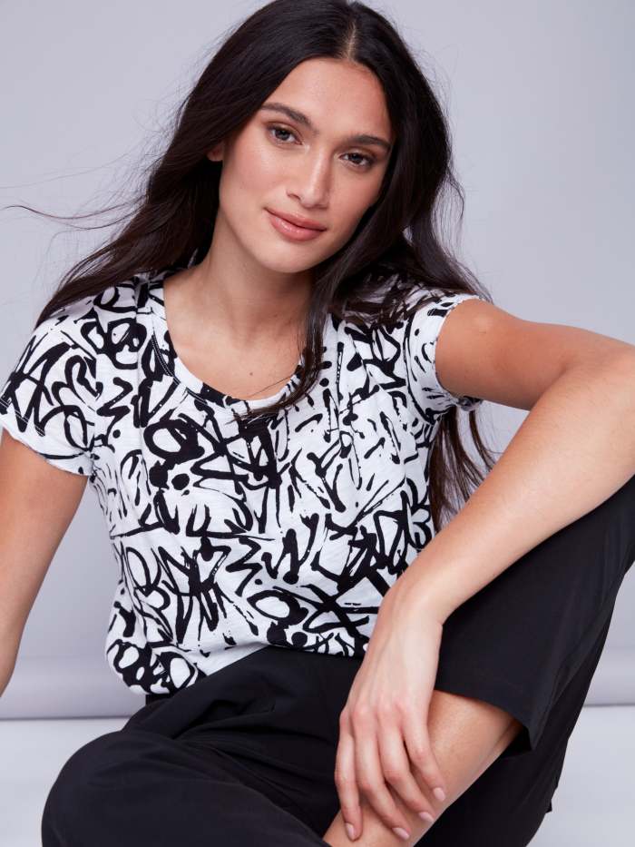 Printed Cotton Knit T-Shirt - Black & White