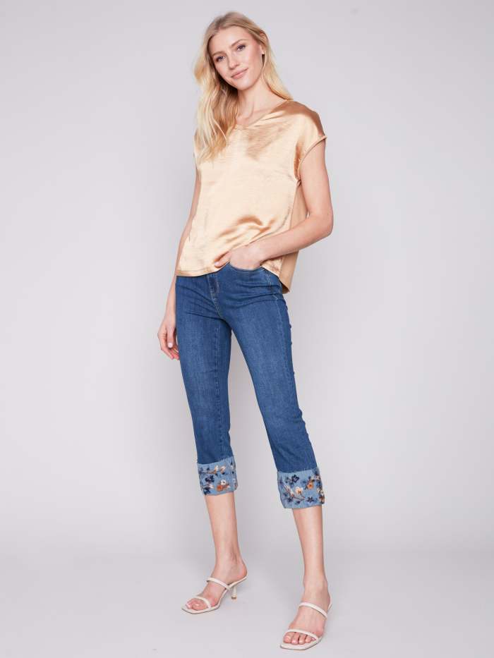 Cropped Jeans with Embroidered Cuff - Indigo