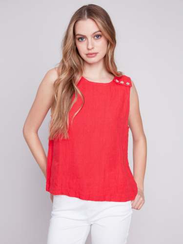 Sleeveless Linen Top with Button Detail - Cherry