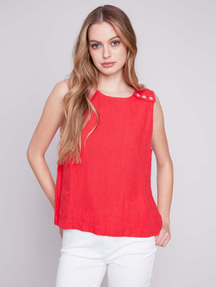 Sleeveless Linen Top with Button Detail - Cherry