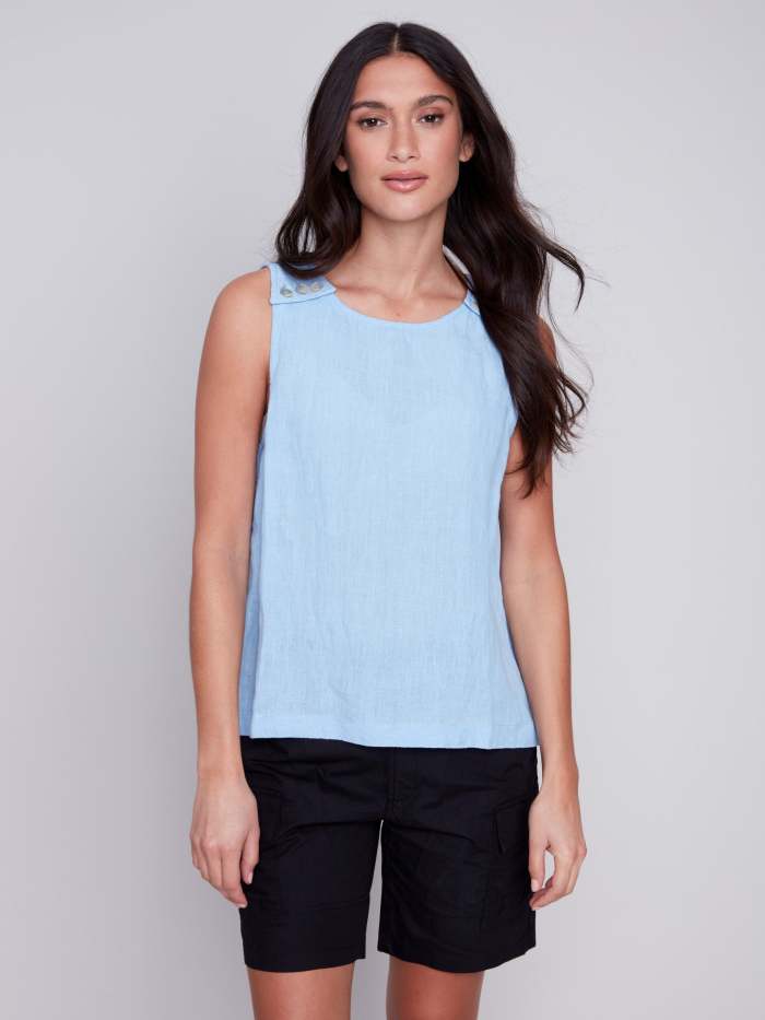Sleeveless Linen Top with Button Detail - Sky