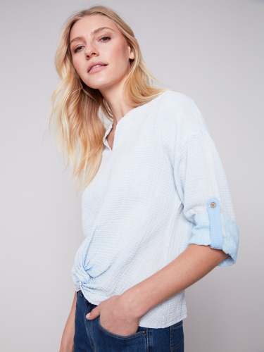 Bubble Cotton Blouse with Front Twist - Sky