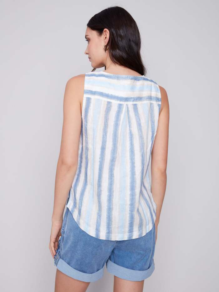 Printed Linen Top with Side Buttons - Nautical
