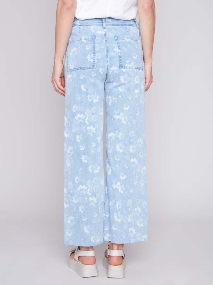 Printed Wide Leg Jeans with Raw Hem - Daisy Blue