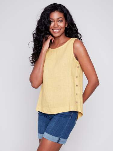 Sleeveless Linen Top with Side Buttons - Corn