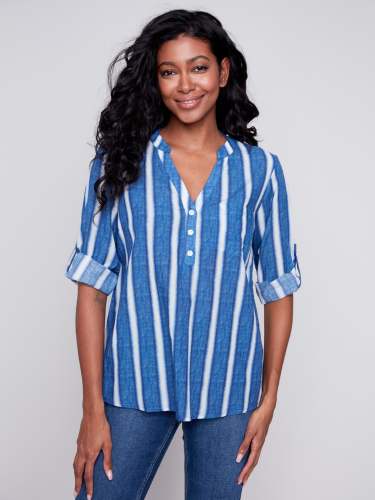 Printed Half-Button Blouse - Stripes