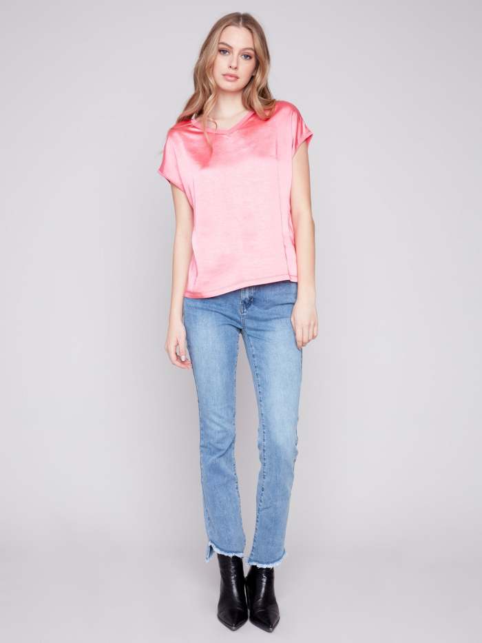 Satin V-Neck Knit Top - Flamingo