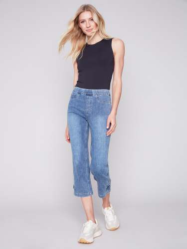 Cropped Pull-On Jeans with Hem Tab - Medium Blue
